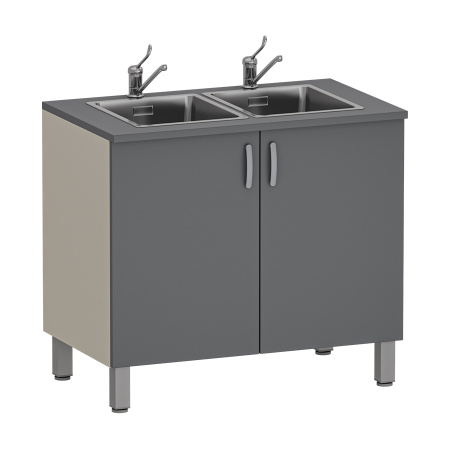 Фото - Тумба медицинская двухстворчатая с двойной мойкой, М-ТМ/2-100 (УДСП, 2 смесителя локтевых)